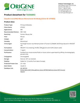 Claudin 6 (CLDN6) Mouse Monoclonal Antibody [Clone ID: OTI5D2] – TA506893 | Origene