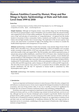 Human Fatalities Caused by Hornet, Wasp and Bee Stings in Spain: Epidemiology at State and Sub-State Level from 1999 to 2018