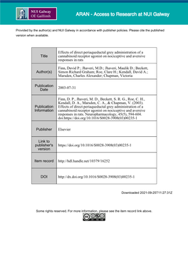 Effects of Direct Periaqueductal Grey Administration of a Cannabinoid Receptor Agonist on Nociceptive and Aversive Responses in Rats D.P