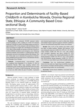 Proportion and Determinants of Facility-Based Childbirth in Kombolcha Woreda, Oromia Regional State, Ethiopia: a Community Based Cross- Sectional Study