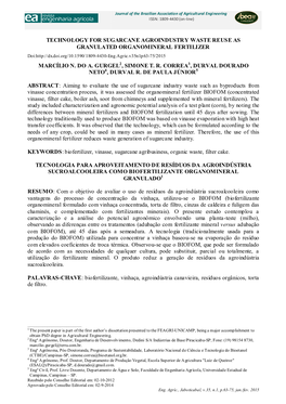 TECHNOLOGY for SUGARCANE AGROINDUSTRY WASTE REUSE AS GRANULATED ORGANOMINERAL FERTILIZER Doi: MARCÍLIO N