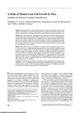 A Study of Human Lens Cell Growth in Vitro a Model for Posterior Capsule Opacification