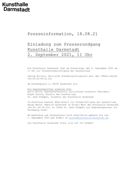 Presseinformation, 18.08.21 Einladung Zum Presserundgang Kunsthalle Darmstadt 2. September 2021, 11