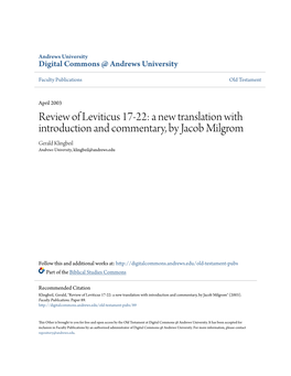 A New Translation with Introduction and Commentary, by Jacob Milgrom Gerald Klingbeil Andrews University, Klingbeil@Andrews.Edu