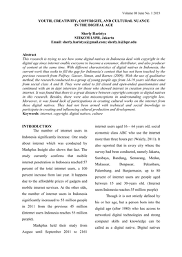 YOUTH, CREATIVITY, COPYRIGHT, and CULTURAL NUANCE in the DIGITAL AGE Sherly Haristya STIKOM LSPR, Jakarta Email: Sherly.Haristy