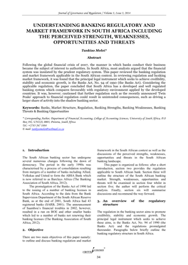 Understanding Banking Regulatory and Market Framework in South Africa Including the Perceived Strength, Weaknesses, Opportunities and Threats