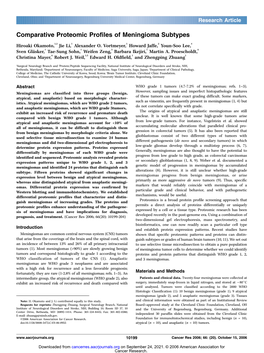 Comparative Proteomic Profiles of Meningioma Subtypes