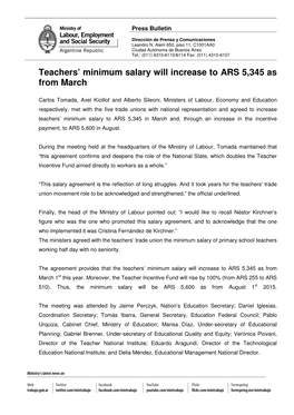 Teachers' Minimum Salary Will Increase to ARS 5,345 As from March