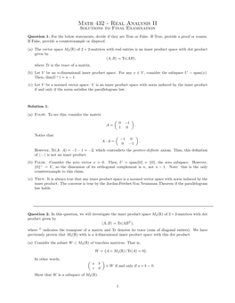 Math 432 - Real Analysis II Solutions to Final Examination