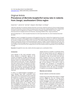 Original Article Prevalence of Borrelia Burgdorferi Sensu Lato in Rodents from Jiangxi, Southeastern China Region