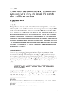 Tunnel Vision: the Tendency for BBC Economic and Business News to Follow Elite Opinion and Exclude Other Credible Perspectives