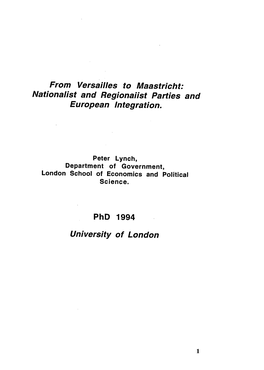 From Versaiues to Maastricht: Nationalist and Regionaiist Parties and European Integration