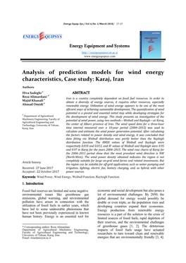 Analysis of Prediction Models for Wind Energy Characteristics, Case Study: Karaj, Iran
