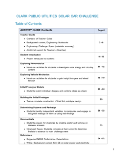 CLARK PUBLIC UTILITIES SOLAR CAR CHALLENGE Table of Contents