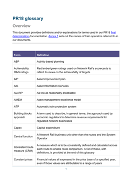 PR18 Glossary Overview