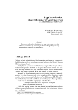 Sage Introduction Student Seminar in Combinatorics: Mathematical Software