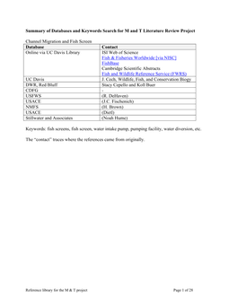 Summary of Databases and Keywords Search for M and T Literature Review Project Channel Migration and Fish Screen Database Contac