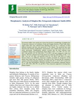 Morphometry Analysis of Stingless Bee Tetragonula Iridipennis Smith (1854)