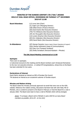 MINUTES of the DUNDEE AIRPORT LTD (“DAL”) BOARD HELD at HIAL HEAD OFFICE, INVERNESS on TUESDAY 17Th DECEMBER 2019 at 11:00