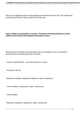 01708550118 Crayford Recommended Plumbers Barnes Cray DA1 Darford DA2 Joydens Wood Emergency Plumbing Leak Repairs DA3 Longfield,Sevenoaks,Kent DA4