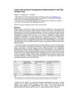 Large Scale Pressure Management Implementation in the City of Cape Town