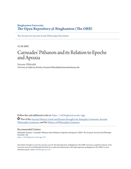 Carneades' Pithanon and Its Relation to Epoche and Apraxia Suzanne Obdrzalek University of California, Berkeley, Suzanne.Obdrzalek@Claremontmckenna.Edu