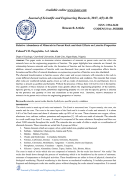 Relative Abundance of Minerals in Parent Rock and Their Effects on Laterite Properties