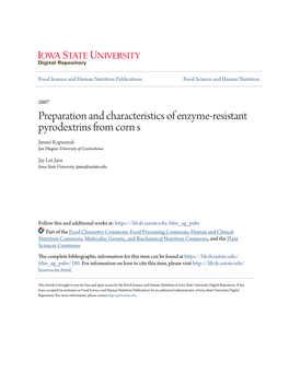 Preparation and Characteristics of Enzyme-Resistant Pyrodextrins from Corn S Janusz Kapusniak Jan Dlugosz University of Czestochowa
