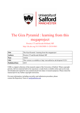 The Giza Pyramid : Learning from This Megaproject Procter, CT and Kozak-Holland, MP