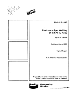 O ' Resistance Spot Welding of Ti-6AI-4V Alloy