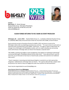 Susan Forbes Returns to 99.5 Wjbr As Event Producer