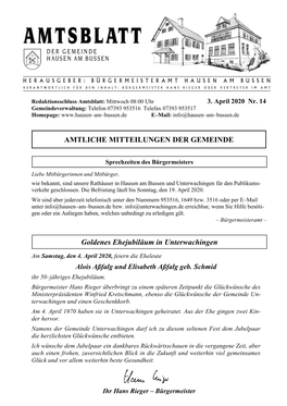 AMTLICHE MITTEILUNGEN DER GEMEINDE Goldenes Ehejubiläum