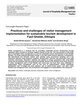 Practices and Challenges of Visitor Management Implementation for Sustainable Tourism Development in Fasil Ghebbi, Ethiopia