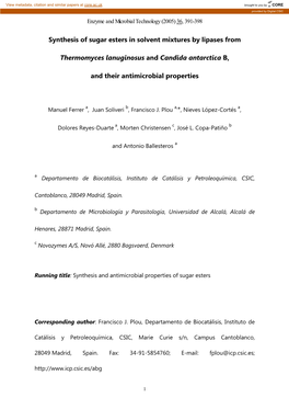 Synthesis of Sugar Esters in Solvent Mixtures by Lipases From