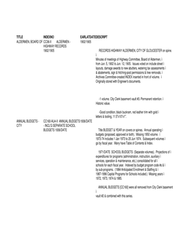 TITLE INDEXNO EARLATDATE DESCRIPT ALDERMEN, BOARD of CC36-II ALDERMEN - 1902/1905 HIGHWAY RECORDS 1902/1905 RECORDS HIGHWAY ALDERMEN, CITY of GLOUCESTER on Spine