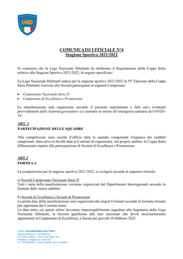 COMUNICATO UFFICIALE N°4 Stagione Sportiva 2021/2022