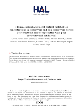 Plasma Cortisol and Faecal Cortisol Metabolites Concentrations In
