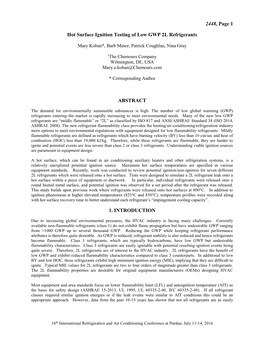 Hot Surface Ignition Testing of Low GWP 2L Refrigerants