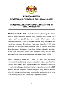 Pembentukan Pasukan Khas Saringan Covid-19 Bersama Mosti-Kpt