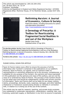 A Genealogy of Precarity: a Toolbox for Rearticulating Fragmented Social Realities in and out of the Workplace Maribel Casas-Cortés Published Online: 07 Apr 2014