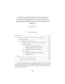 The Special Norms Thesis:Why Congress's Constitutional Decision-Making Should Be Disciplined by More Than the Usual Norms of P