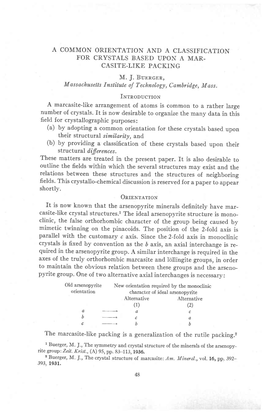 A Common Orientation and a Classification for Crystals Based Upon a Mar- Casite-Like Packing