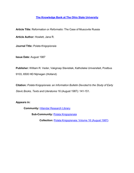 The Knowledge Bank at the Ohio State University Article Title: Reformation Or Reformatio: the Case of Muscovite Russia Article A