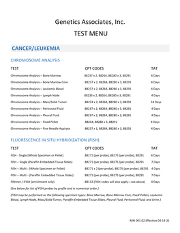 Genetics Associates, Inc. TEST MENU