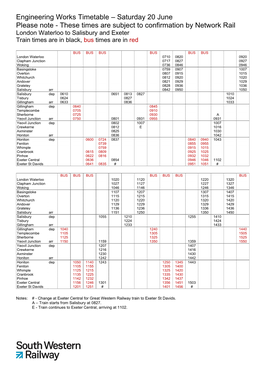 Engineering Works Timetable – Saturday 20 June Please Note