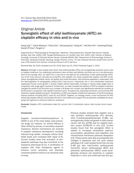 Original Article Synergistic Effect of Allyl Isothiocyanate (AITC) on Cisplatin Efficacy in Vitro and in Vivo