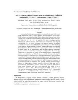 Bacterial Load and Multi-Drug Resistance Patterns of Some Ready-To-Eat Street Foods of Dhaka City