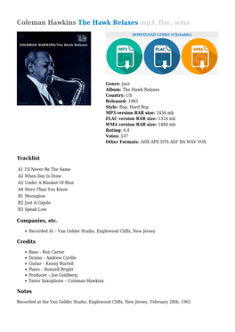 Coleman Hawkins the Hawk Relaxes Mp3, Flac, Wma