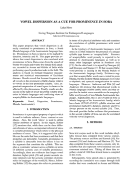 Vowel Dispersion As a Cue for Prominence in Sora