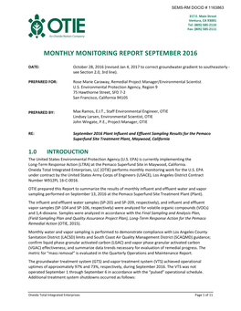 Ltr: Sep 2016 Monthly Monitoring Rpt, W/Attchs